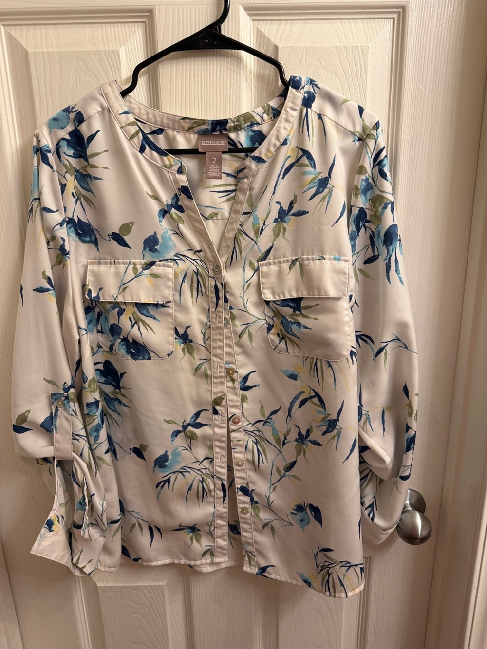 Chico's White Blouse with Blue & Green/Yellow Floral Print